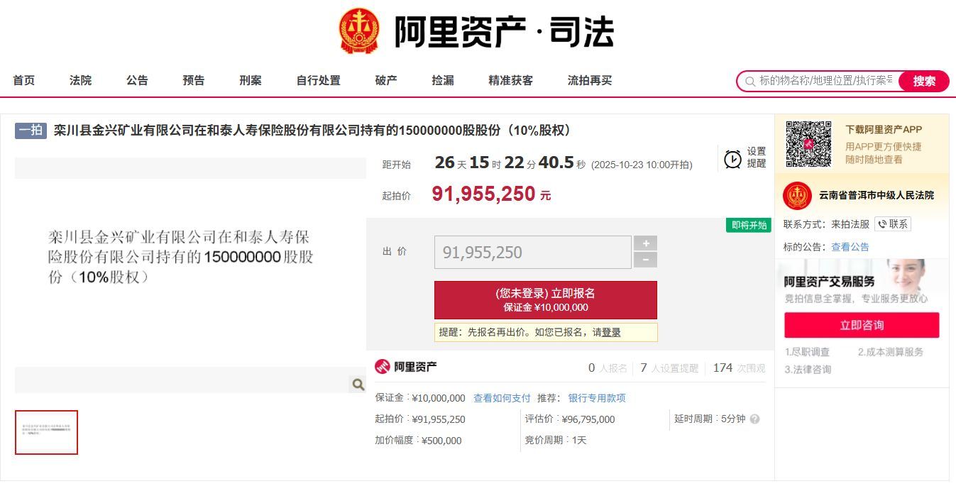 和泰人寿10%股权将被拍卖 起拍价9196万元