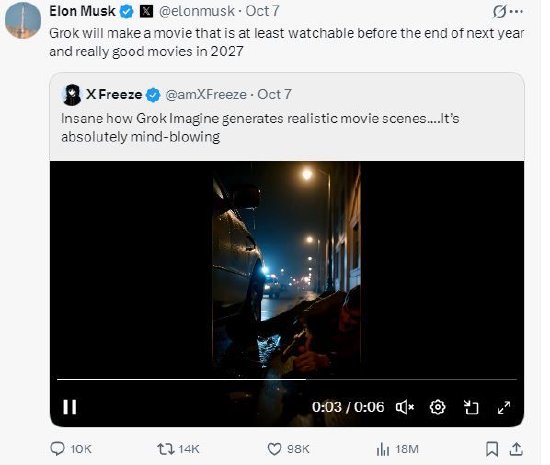 马斯克称2027年AI将能够制作出真正的好电影